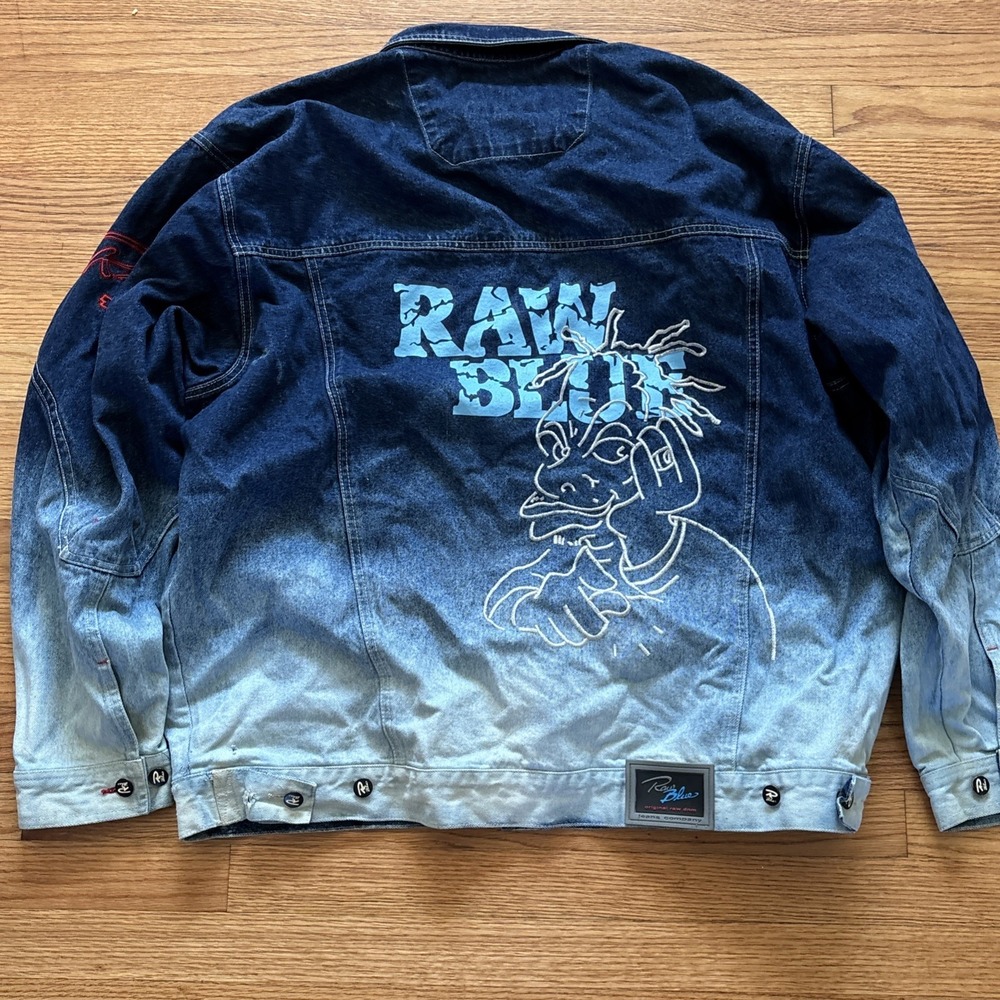 Vintage RAW BLUE Distressed Denim Jacket Embroidered‎ Design Men's 2XL